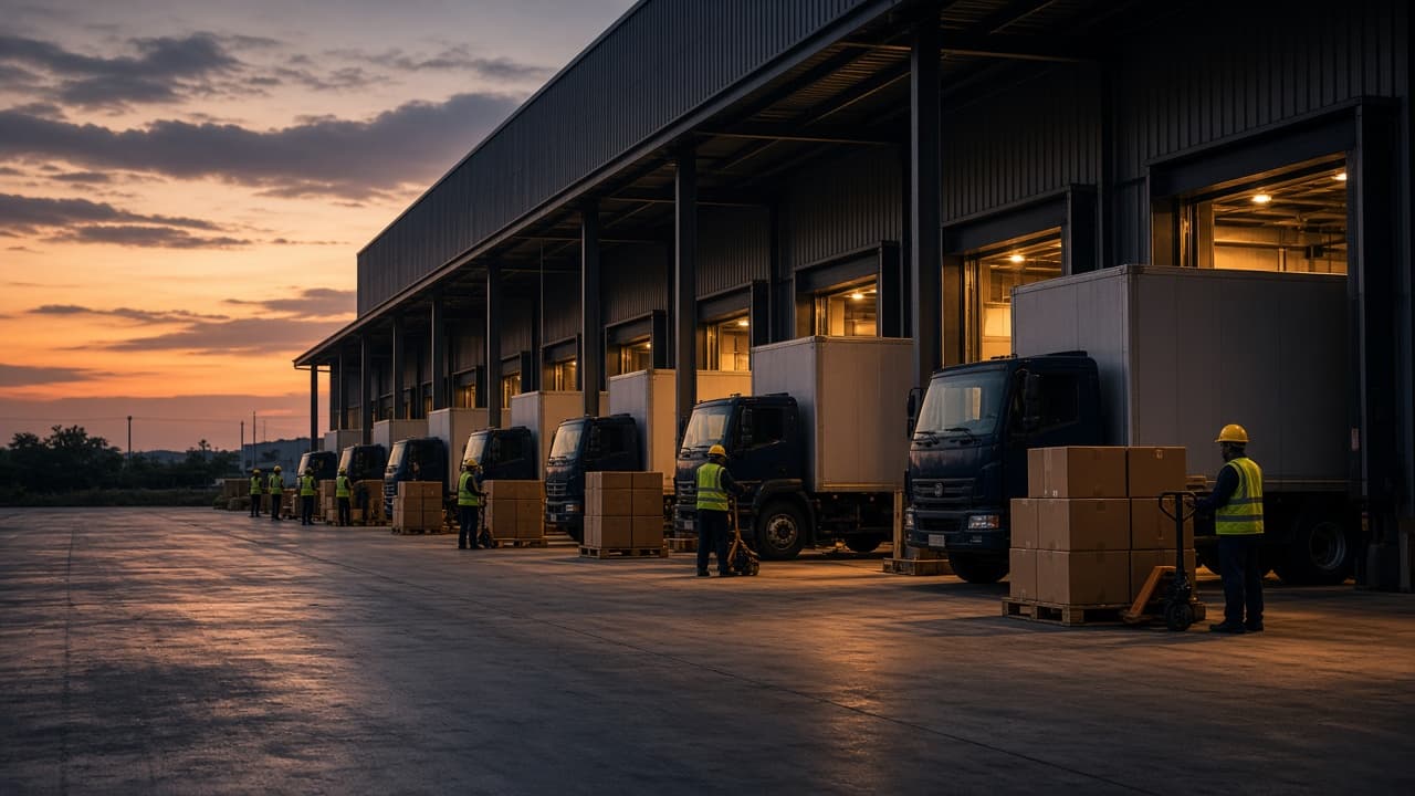 Trucks being loaded at a logistics warehouse at dusk